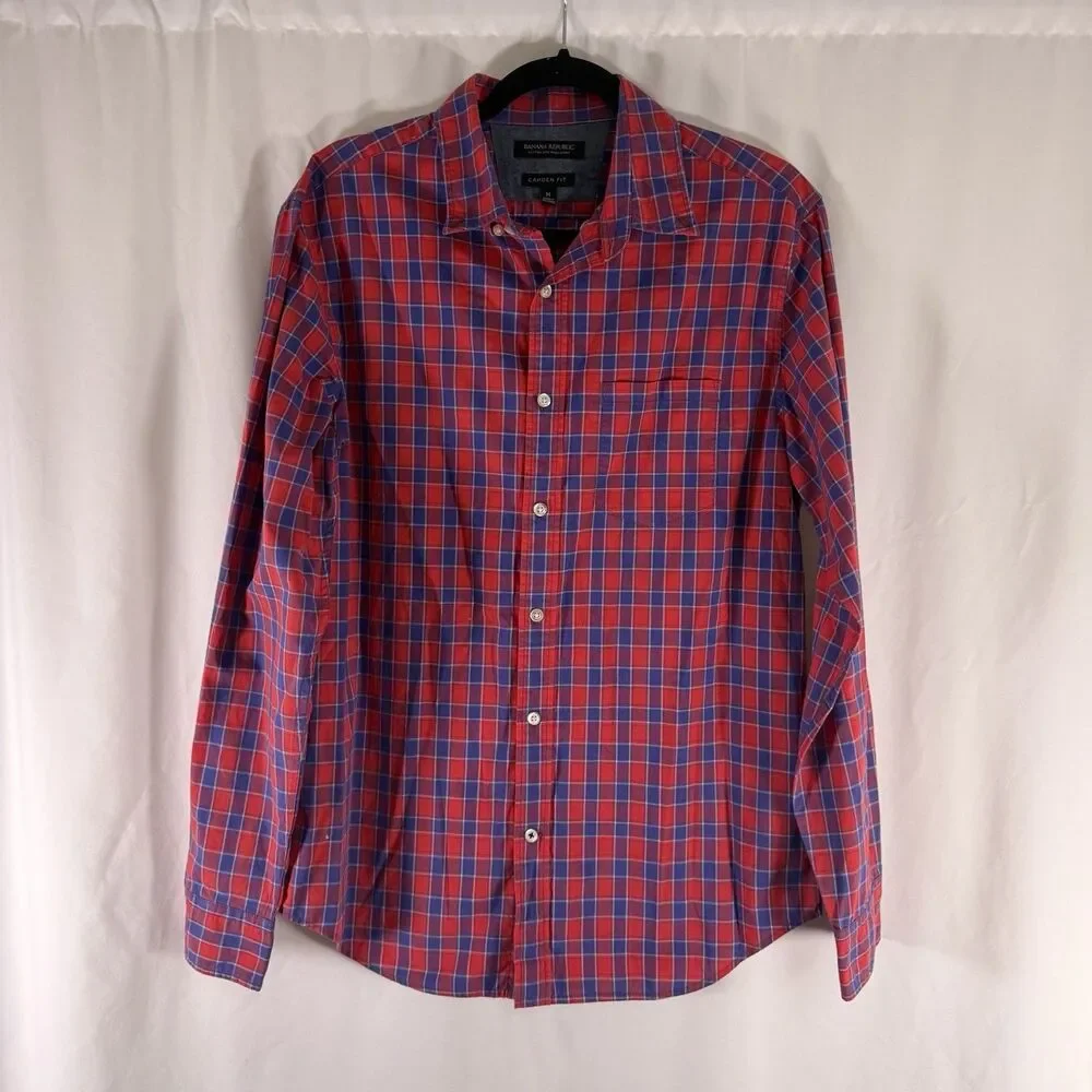 Banana Republic Custom 078 Wash Shirt Camden Fit Men's Medium Red Blue Plaid